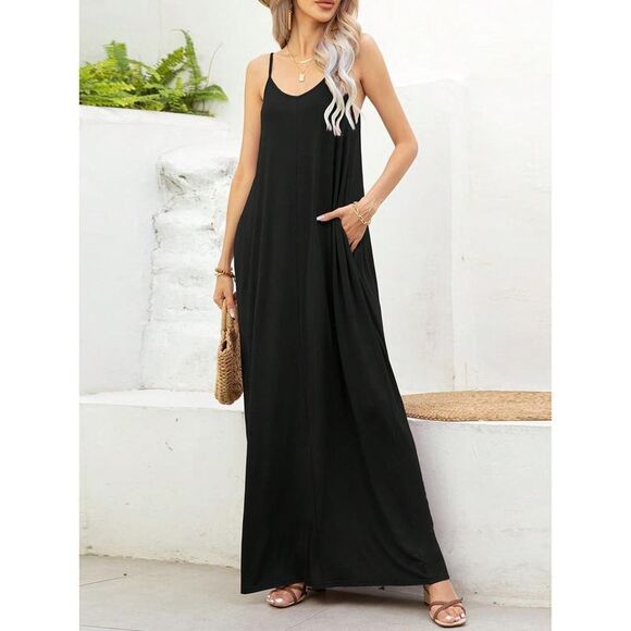 Everyday the Label V-Neck Maxi Cami Dress with Pockets Women Black Dresses - Picture 2 of 3